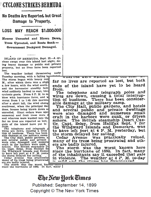 New York Times article on Bermuda cyclone, from September 1899