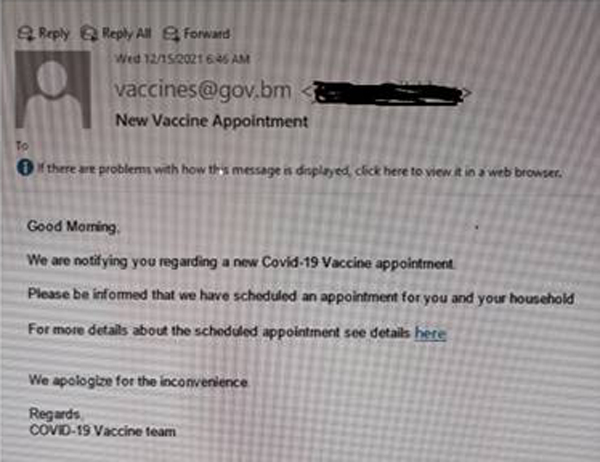 False email message regarding Covid 19 Vaccine appointments