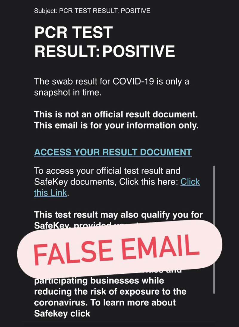 False email message PCR Test Result Positive Bermuda Feb 2022